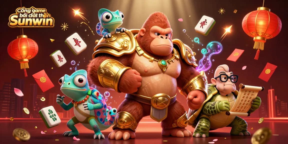 Cổng game bài đổi thưởng Sunwin showcases thrilling 3D characters surrounded by vibrant casino elements, capturing the excitement of online gaming.