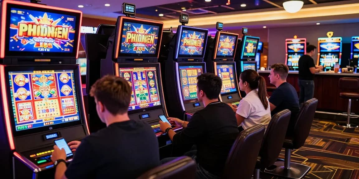 Players enjoying new UK slot sites in a vibrant casino atmosphere, featuring interactive games and dynamic lighting.