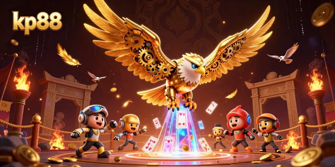 Bet on thrilling games at kp88, where a golden eagle dives through playing cards, creating excitement.