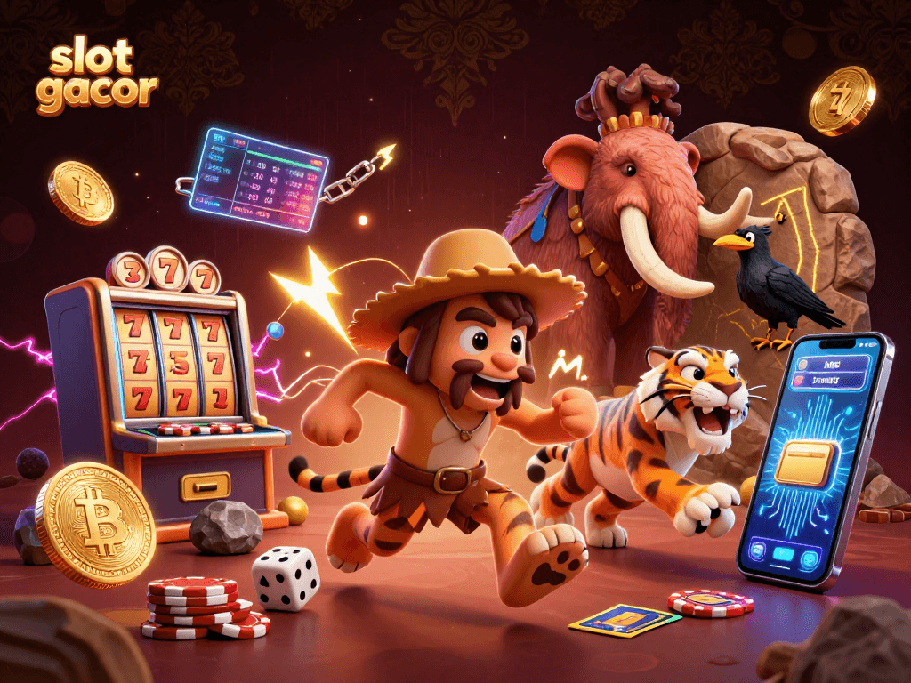 Experience the thrill of slot gacor with a caveman and sabertooth in a vibrant casino scene.