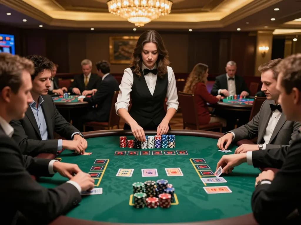 Players strategizing at a Q88 blackjack table with colorful chips and dealer action in a luxurious casino.