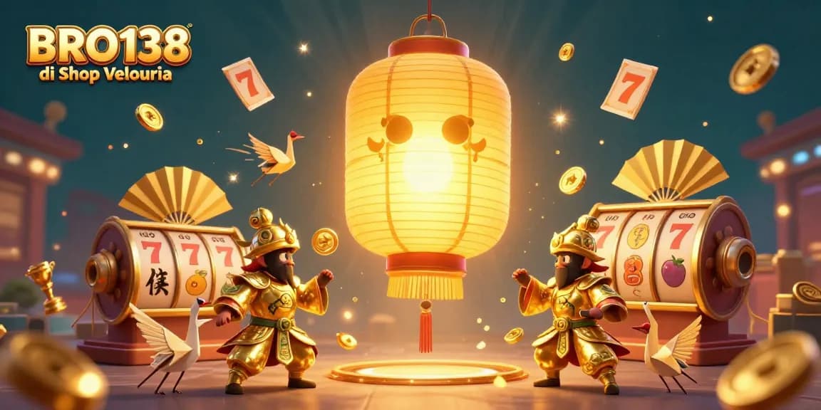 BRO138 di Shop Velouria offers an exciting gaming experience with vibrant slot reels and golden symbols.