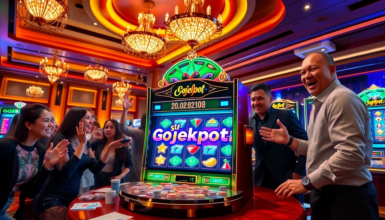 Players experiencing excitement with the Gojekpot slot machine in a luxurious casino setting.