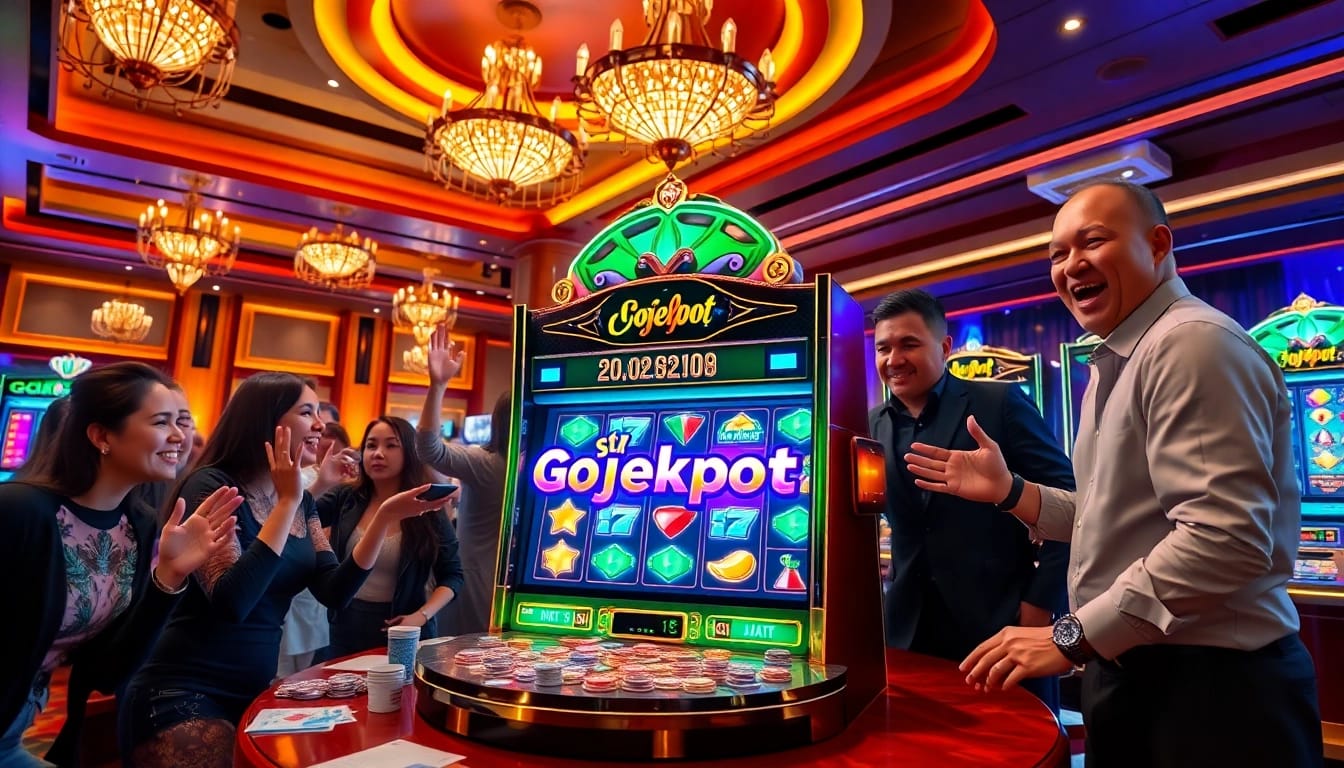 Players experiencing excitement with the Gojekpot slot machine in a luxurious casino setting.
