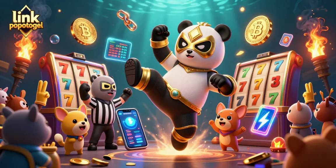 Experience thrilling gameplay with link popotogel in a vibrant casino-themed illustration featuring animated characters and slot elements.