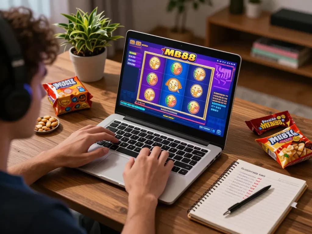 Engaging player using laptop for mb88 casino with vibrant slot games and strategy notes.
