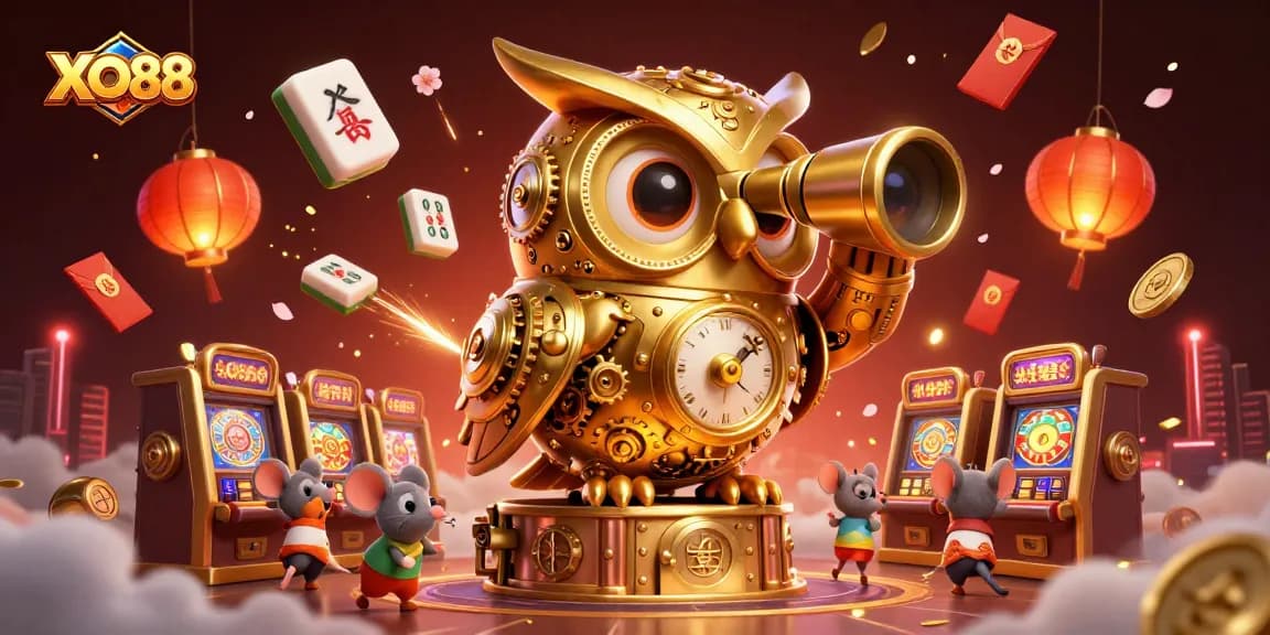 Experience the excitement of XO88 with a whimsical casino scene featuring a golden owl and lively characters.