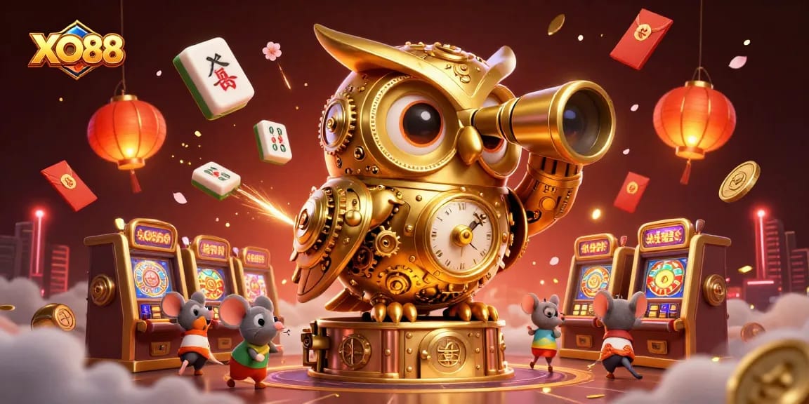 Experience the excitement of XO88 with a whimsical casino scene featuring a golden owl and lively characters.