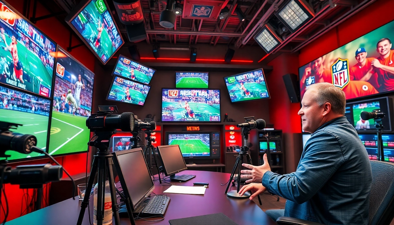 Illuminate the energy of Sports Broadcasting in a dynamic studio filled with screens and lively presenters.