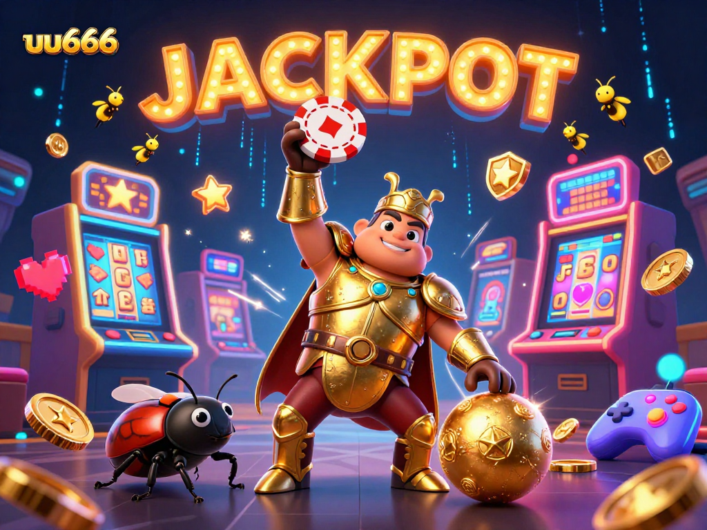 Engage in thrilling gameplay at uu666 with a dynamic slot scene featuring a heroic beetle lifting a poker chip.