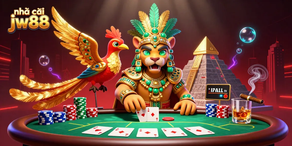 Experience the excitement of Nhà cái jw88 in a vibrant 3D casino scene filled with poker action.