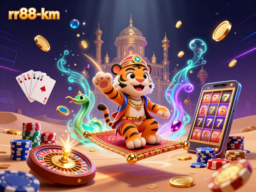 Experience excitement with rr88-km's vibrant casino scene featuring a tiger sultan and dynamic game elements.