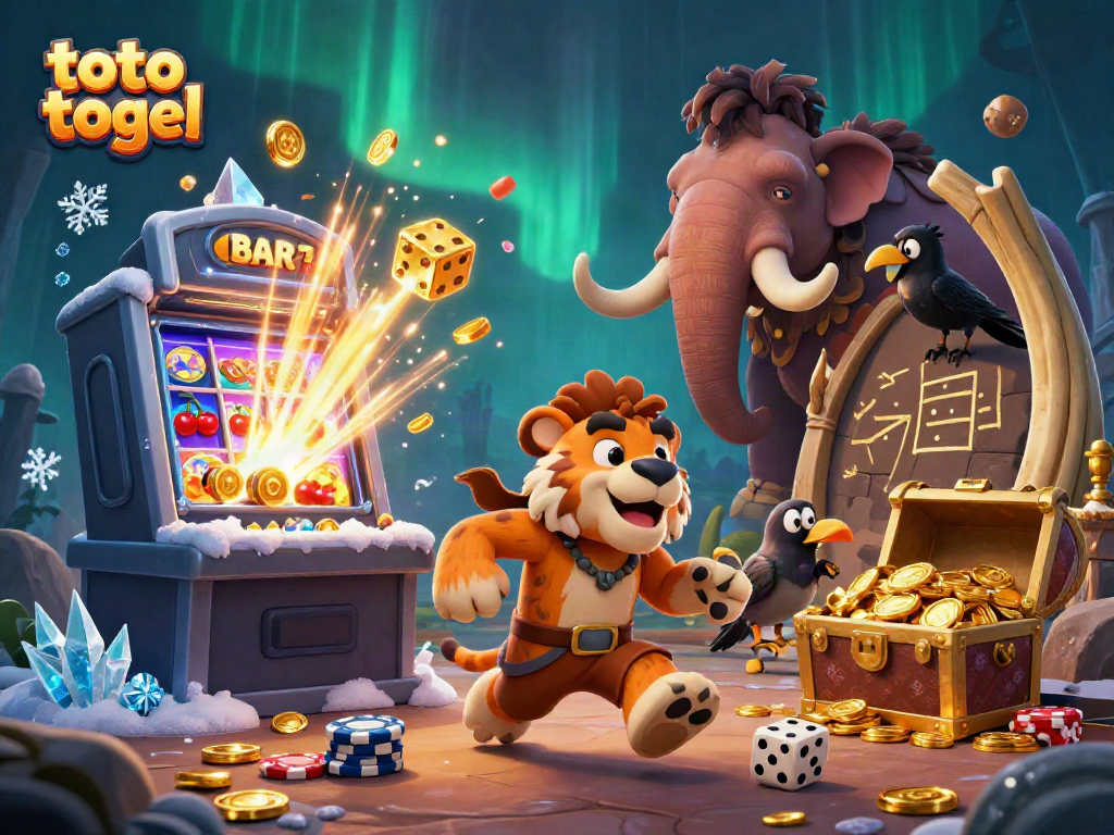 Experience the excitement of toto togel with a dynamic prehistoric casino scene featuring cartoon characters.