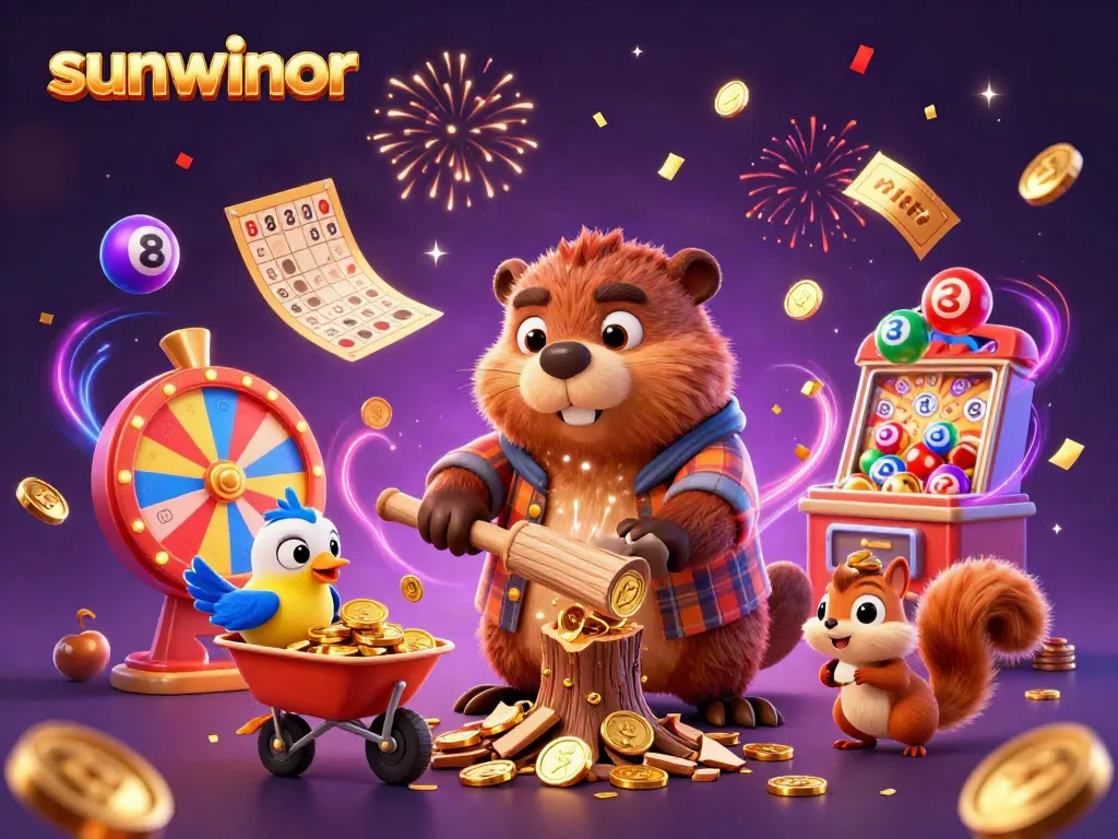 Experience gaming excitement with sunwinor, a lively scene of a beaver and friends collecting coins amidst lottery and bingo elements.
