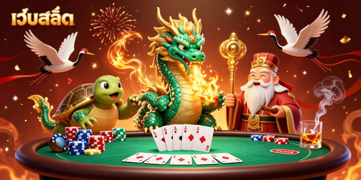 Engaging scene showcasing เว็บสล็อต with a jade dragon, wise turtle, and lucky cranes at a poker table.
