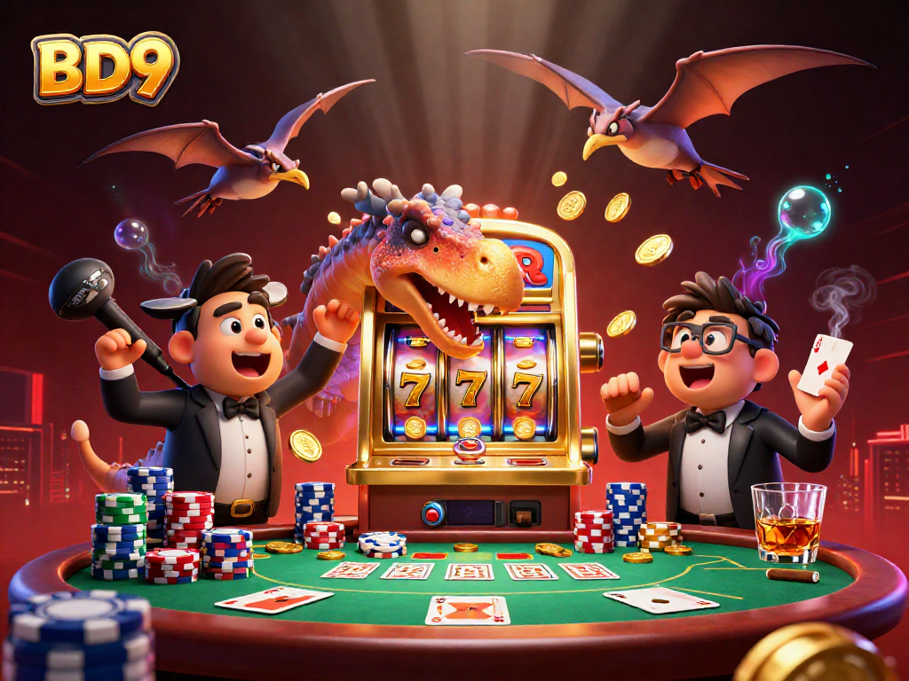 BD9 casino features a dinosaur smashing a slot machine, collecting jackpot coins in a vibrant scene.