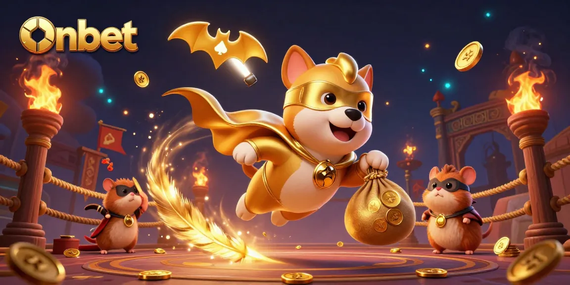 Experience the thrill of winning on Onbet with a dynamic scene of a superhero dog flying, surrounded by casino elements and excitement.