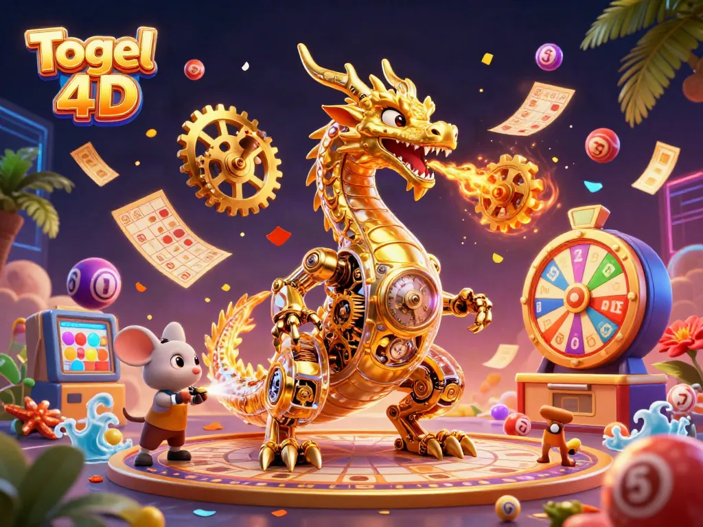 Menangkan permainan Togel 4D dengan ilustrasi 3D naga emas dan perangkat lotere dinamis.