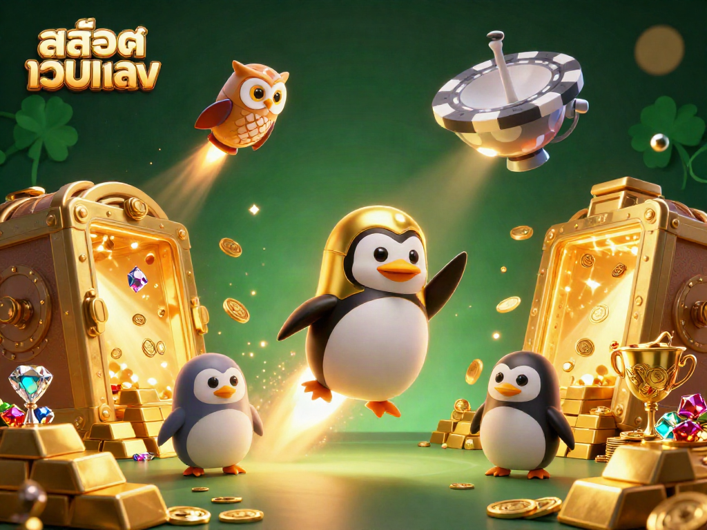 Engage with สล็อตเว็บตรง immersively as a golden penguin thunders toward a casino space station.