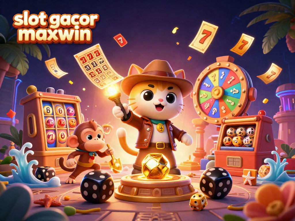 Menggambar permainan slot gacor maxwin dengan karakter arkeolog kucing yang menemukan artefak kasino emas.
