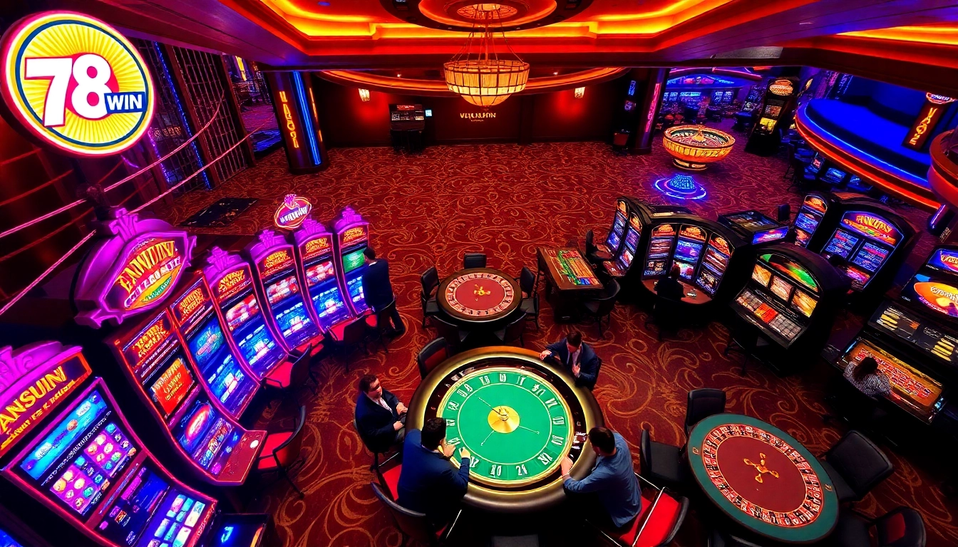 Experience thrilling gaming action at 78WIN with vibrant slot machines and professional tables.