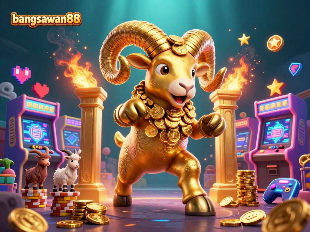 Bangsawan88 showcases an epic scene with a golden ram charging through casino elements, full of energy.