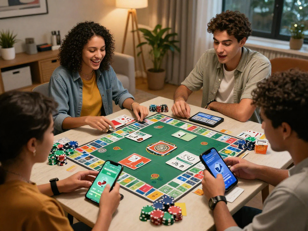 Indo Rummy players enjoying a lively game night with mobile app details and colorful chips.