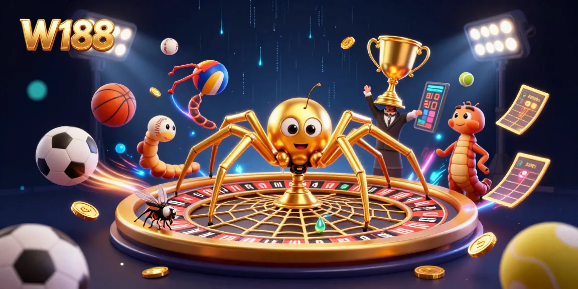 W188 spins the roulette wheel with golden spider and centipede croupier in a vibrant casino scene.