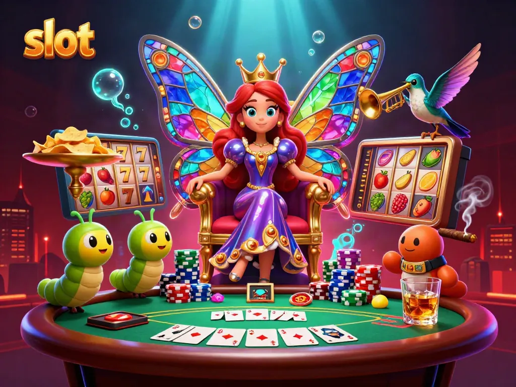 Slot menggambarkan ratu kupu-kupu 3D dan elemen perjudian yang dinamis untuk kasino.