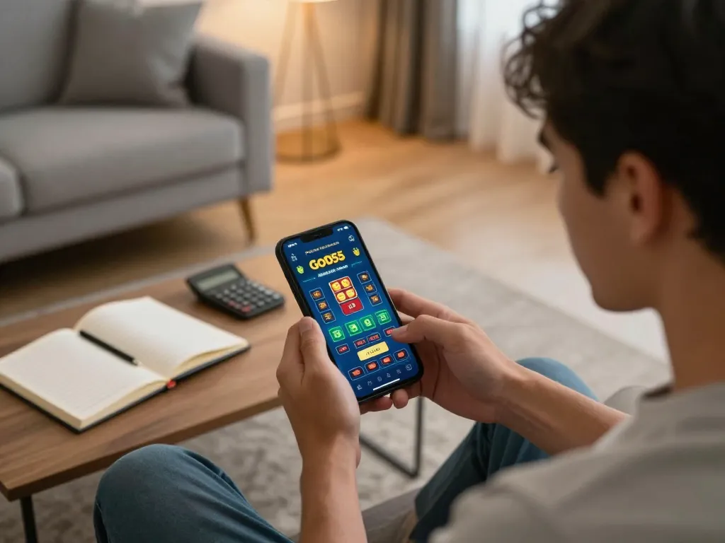 Player enjoying online gambling through the God55 app on a mobile device in a cozy home setting, emphasizing the thrill of gaming.