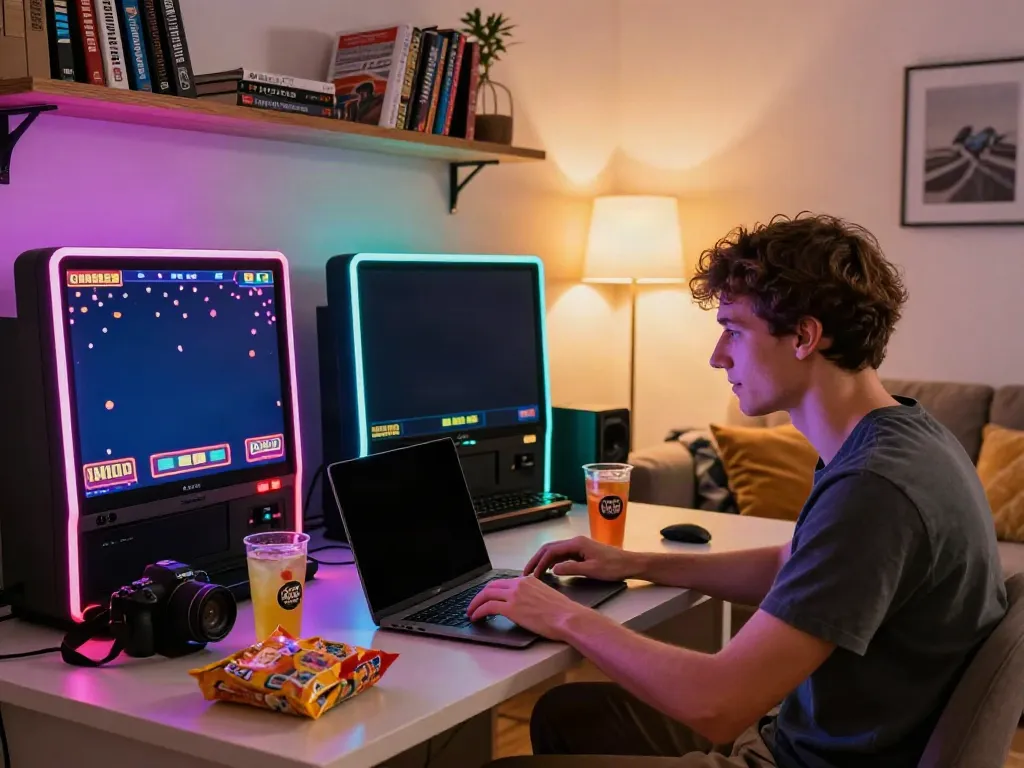 Excited player engaging with akunjp online gaming, snacks and a cozy atmosphere.