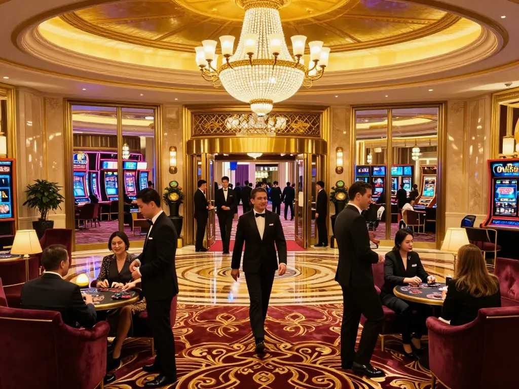 Experience luxury at CM88's casino entrance with guests arriving under stunning chandeliers.