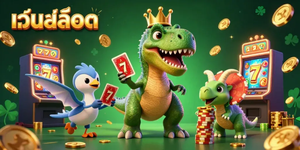 ภาพการ์ตูน 3D ของเว็บสล็อตที่แสดง T-Rex สวมมงกุฎทองขนาดเล็กกำลังเล่นไพ่ พร้อมสัตว์ดึกดำบรรพ์อื่นๆ