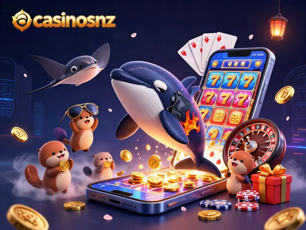 Join the fun with casinosnz as the orca whale jumps, surrounded by pokies elements and lucky charms!