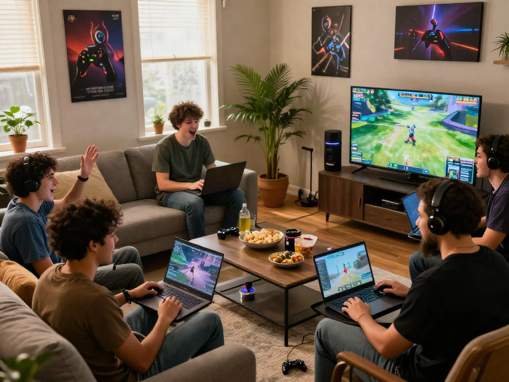 Friends enjoying multiplayer gaming experience with Mpo Cash in cozy living room