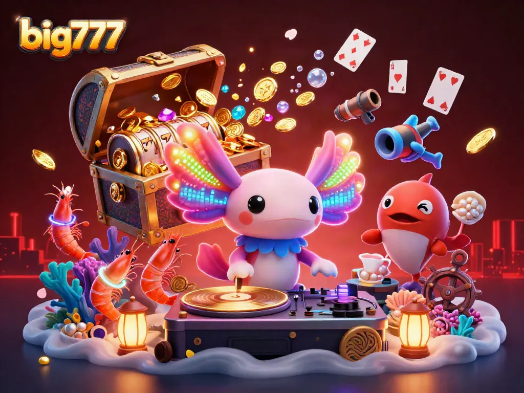 Experience big777 thrills with a neon axolotl DJ spinning slots at a vibrant casino party.