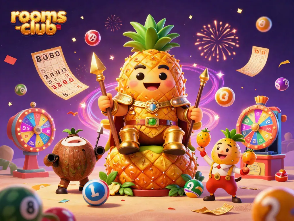 Ilustrasi kasino digital 3D dengan raja nanas emas dan elemen permainan, menarik perhatian di rooms-club.