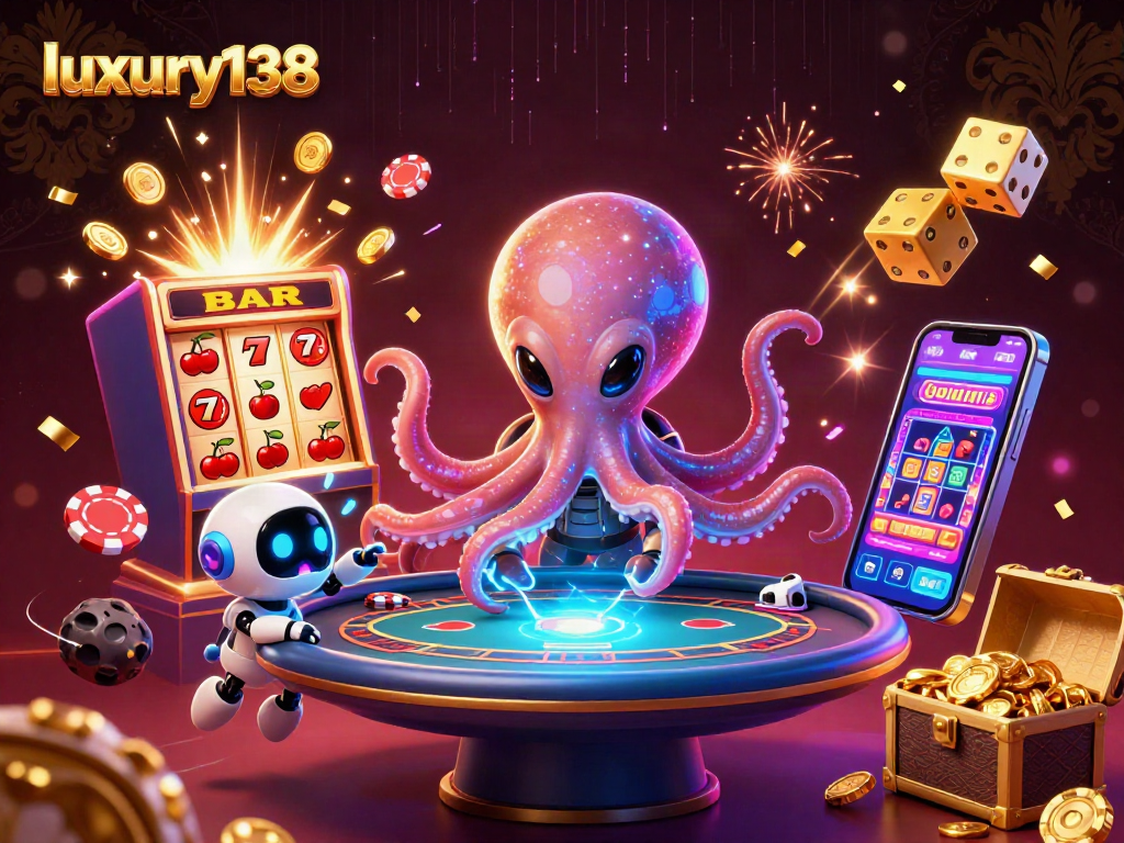 Sukma menawan di luxury138 dengan gurita alien memainkan poker dan mesin slot melimpah koin.