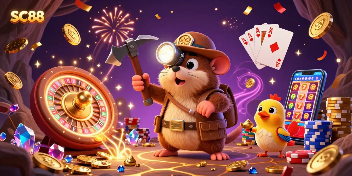 Experience the thrill of SC88 with a lively scene featuring a treasure mole and canary in a rich casino setting.
