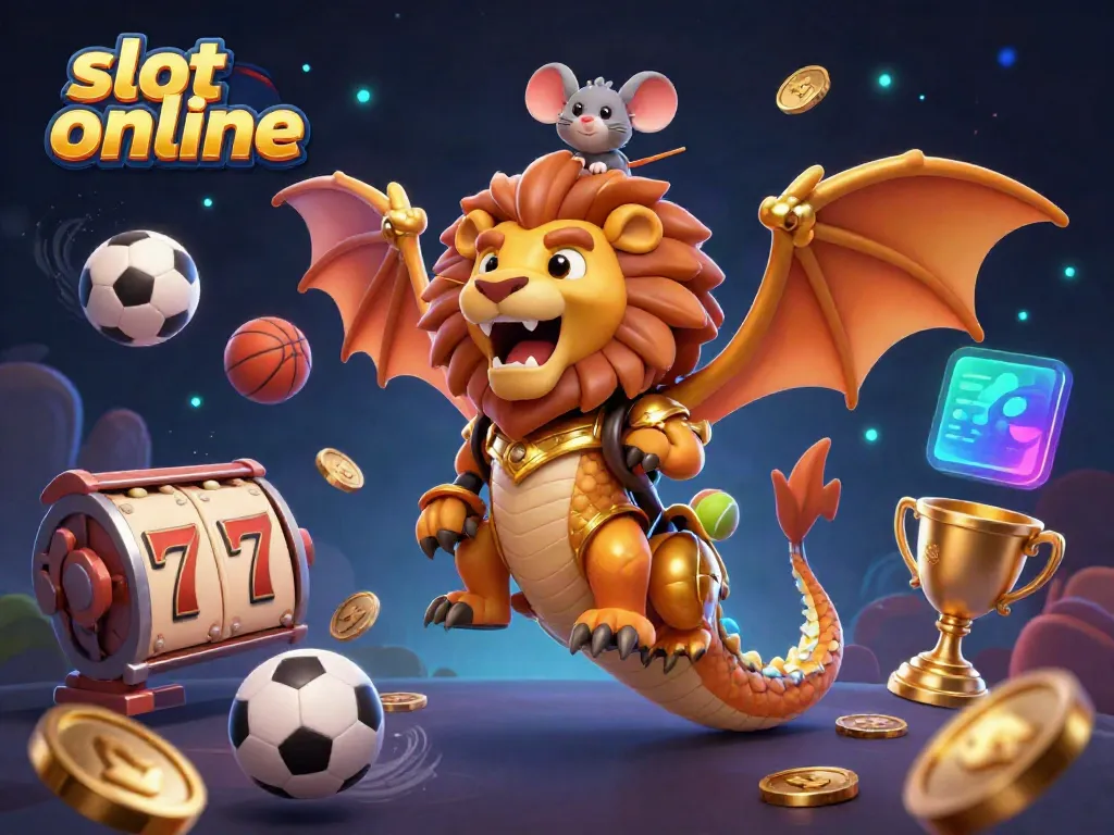 Slot online yang menarik, menampilkan chimera emas dan simbol jackpot dalam ilustrasi 3D.