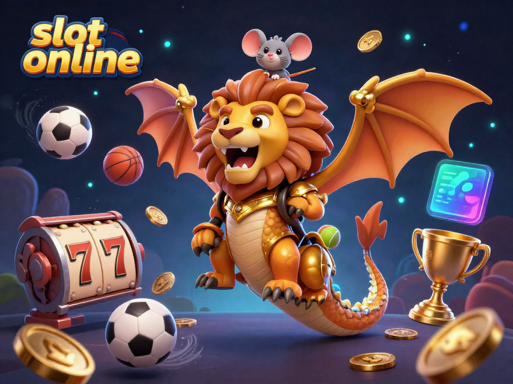 Slot online yang menarik, menampilkan chimera emas dan simbol jackpot dalam ilustrasi 3D.