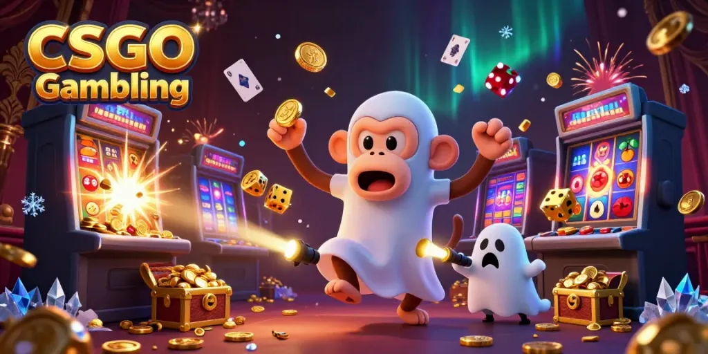 Engaging 3D scene of CSGO Gambling with a poltergeist monkey and ghost-hunter puppy amid casino chaos.