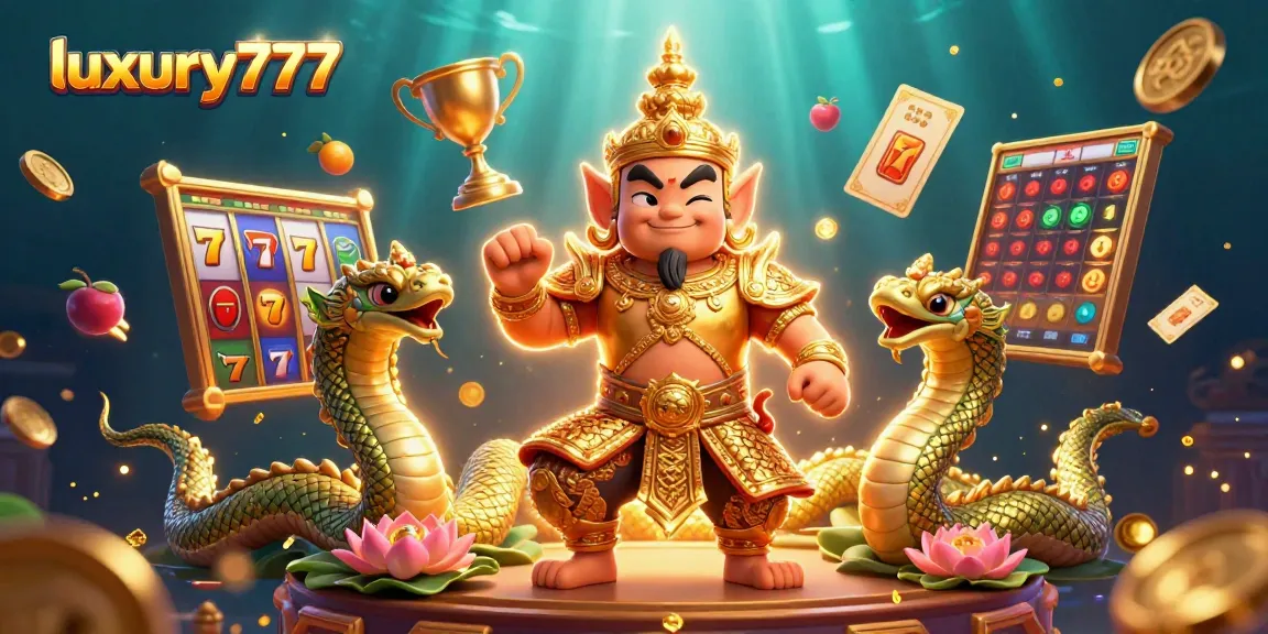 Visualisasi kedalaman bermain luxury777 dengan karakter penjaga kuil, simbol slot, dan efek emas yang berkilau.