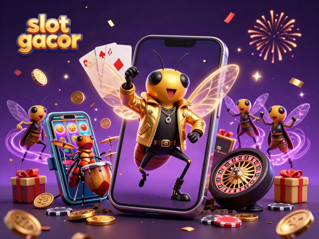 Experience slot gacor action with a vibrant 3D casino illustration featuring energetic characters and dynamic gaming elements.