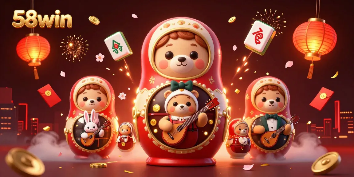 Engage with 58win's vibrant casino-themed 3D illustration featuring cartoon characters and games.