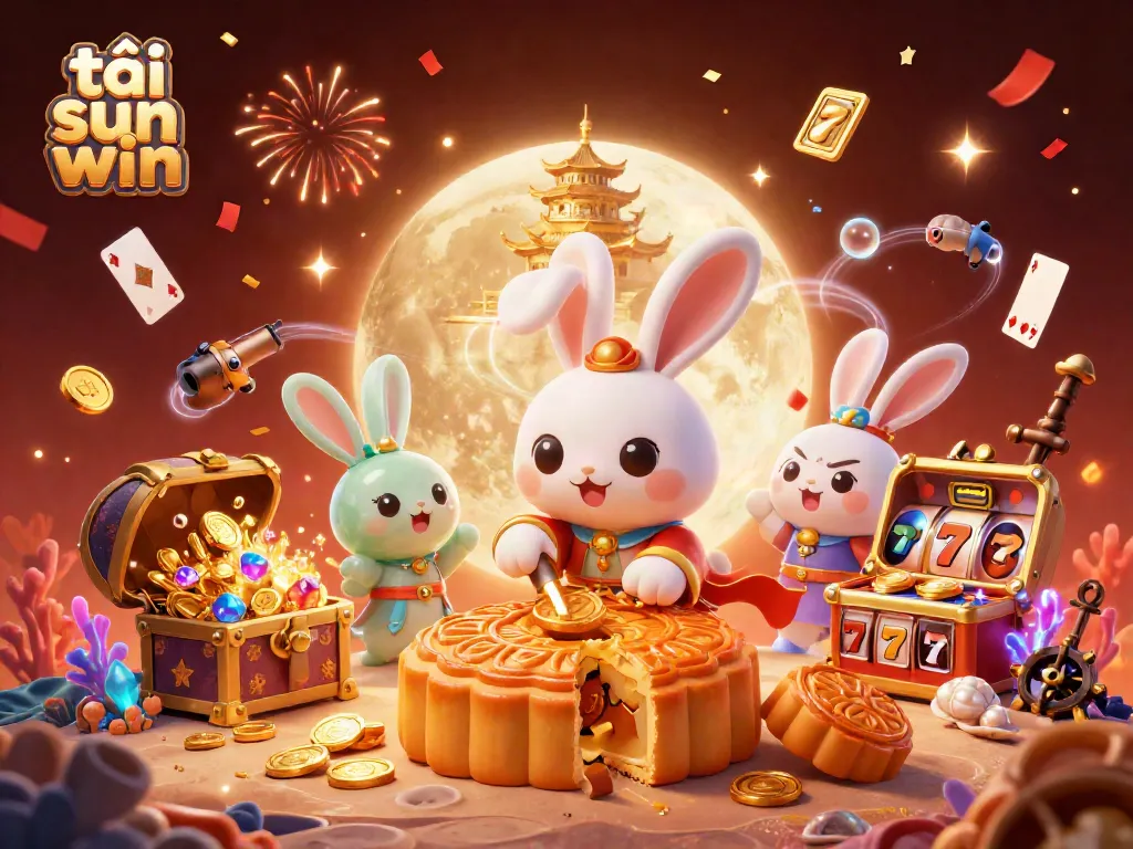 Spin to win with tải sun win through a vibrant 3D scene of festive moon rabbits and engaging casino elements.