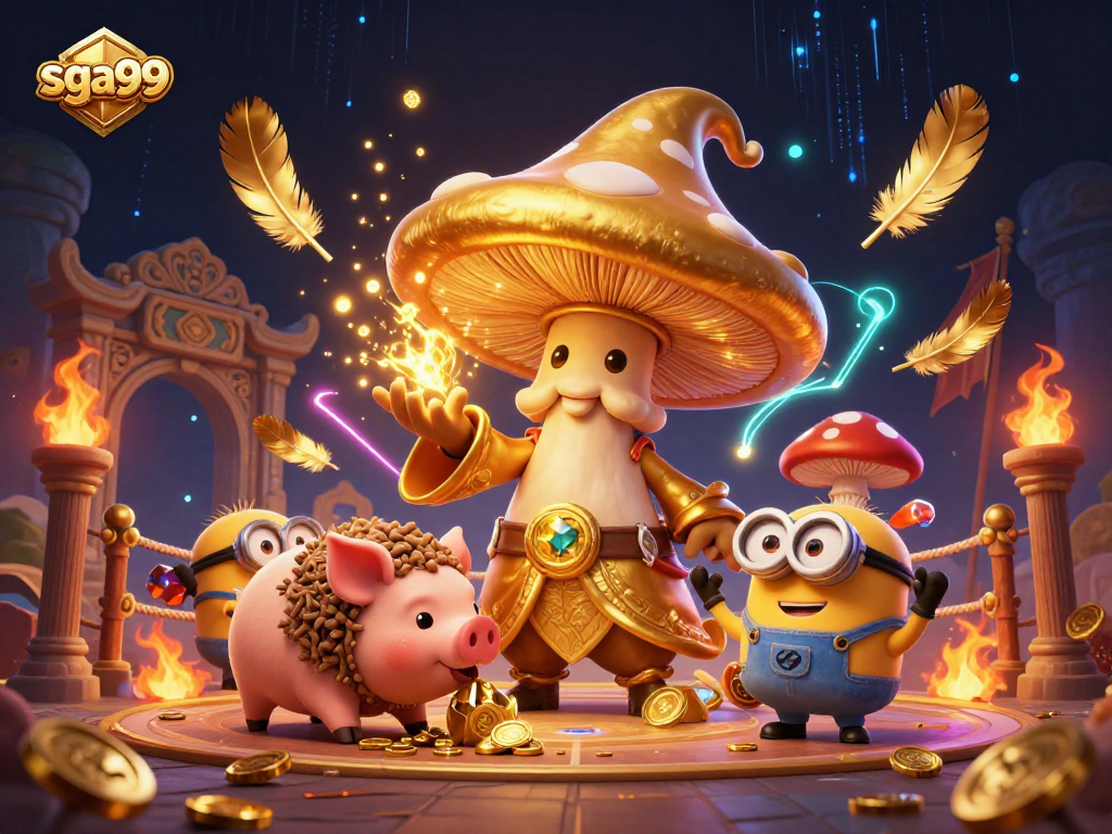 Sga99 showcases a mystical world with a golden mushroom wizard and treasure-hunting pig, capturing the excitement of online gambling.