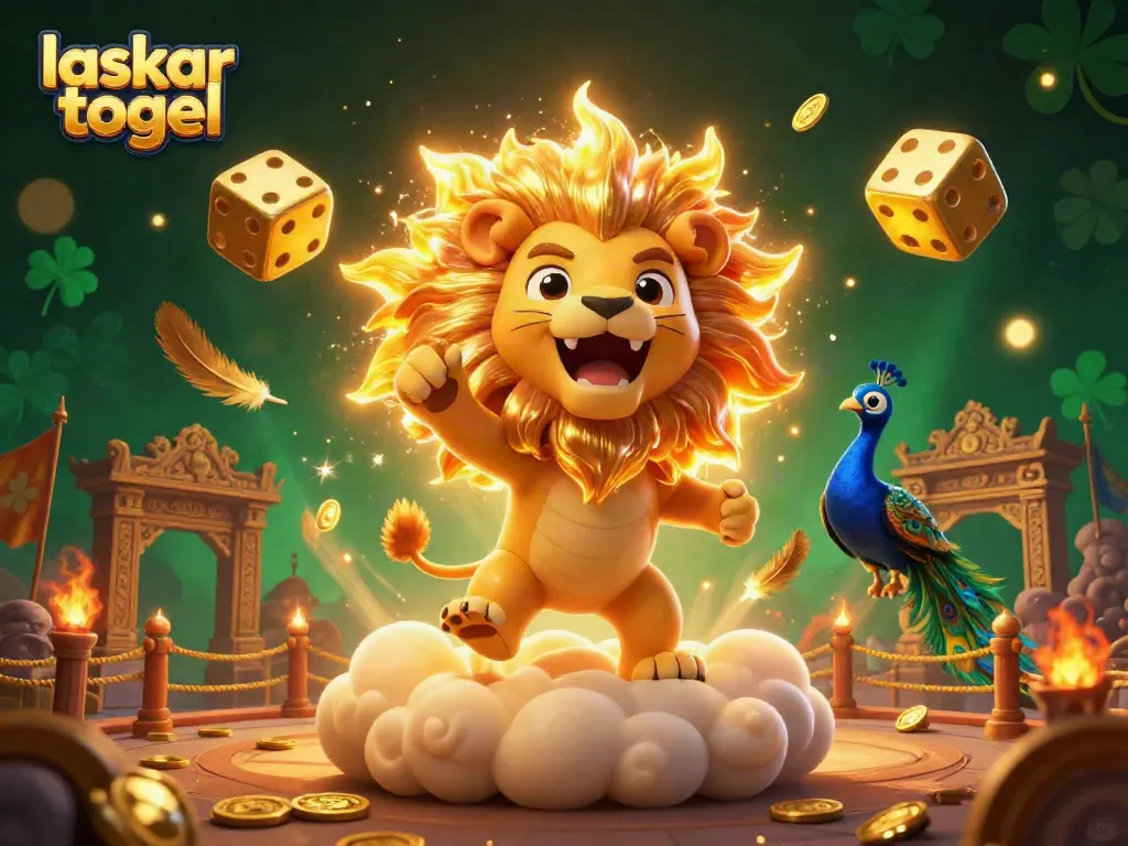 Experience the thrill of laskar togel with a vibrant 3D illustration of a roaring lion amidst golden dice and cosmic elements.