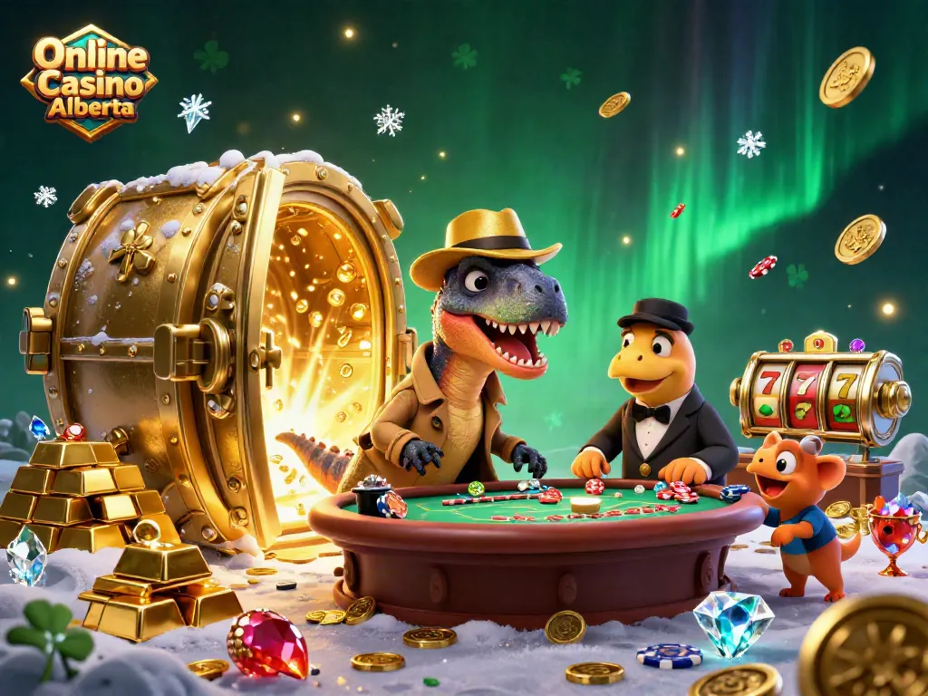 Engage in thrilling games at Online Casino Alberta with a velociraptor card counter and treasure galore.