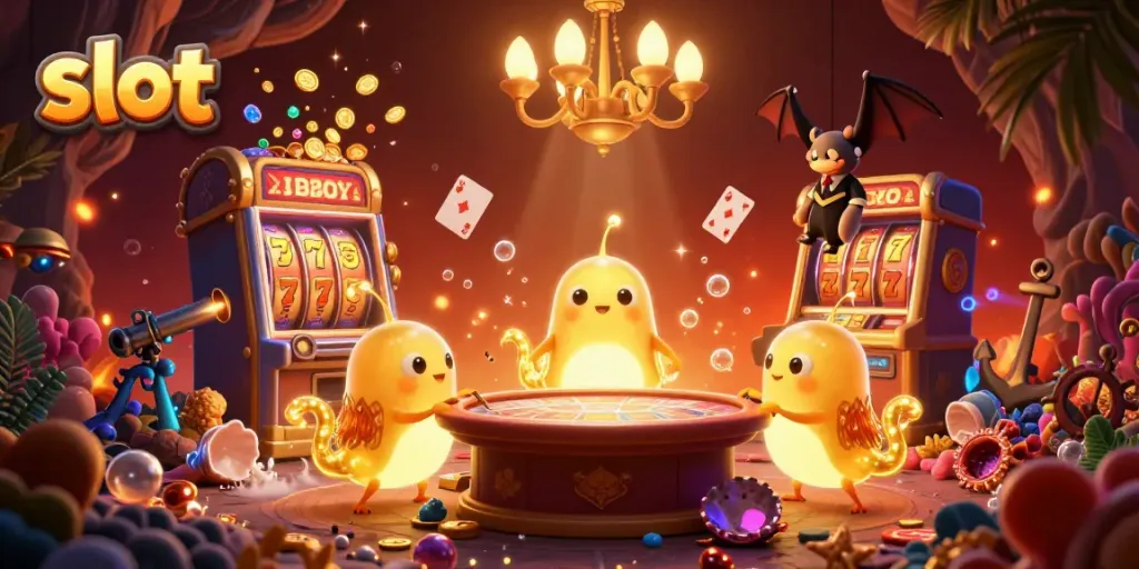 Slot yang menyala dengan kelipatan perhiasan dan dealer kelelawar di kasino terowongan.